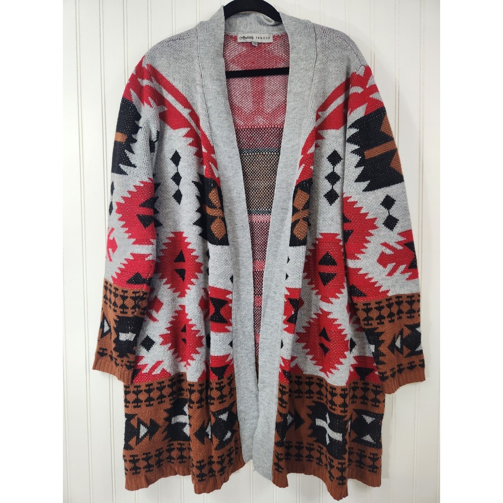 Absolutely Famous Southwestern Aztec Knit Open Front Cardigan Red Grey 2X